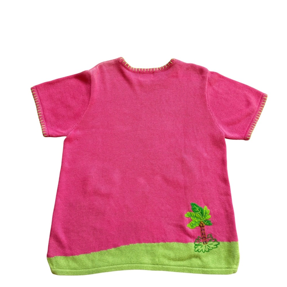 Quacker Factory Flamingo Palm Tree Pink Knit Short Sleeve Sweater Top XL - Picture 2 of 5